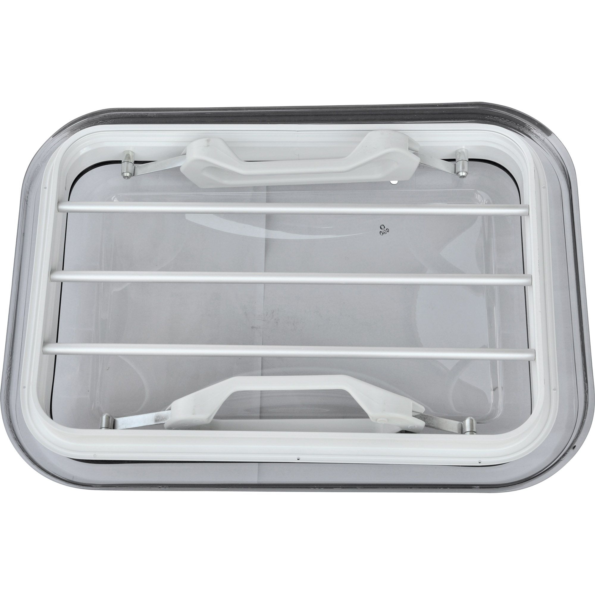 Vent window with protective grating, shaded Vent window with protective grating, shaded